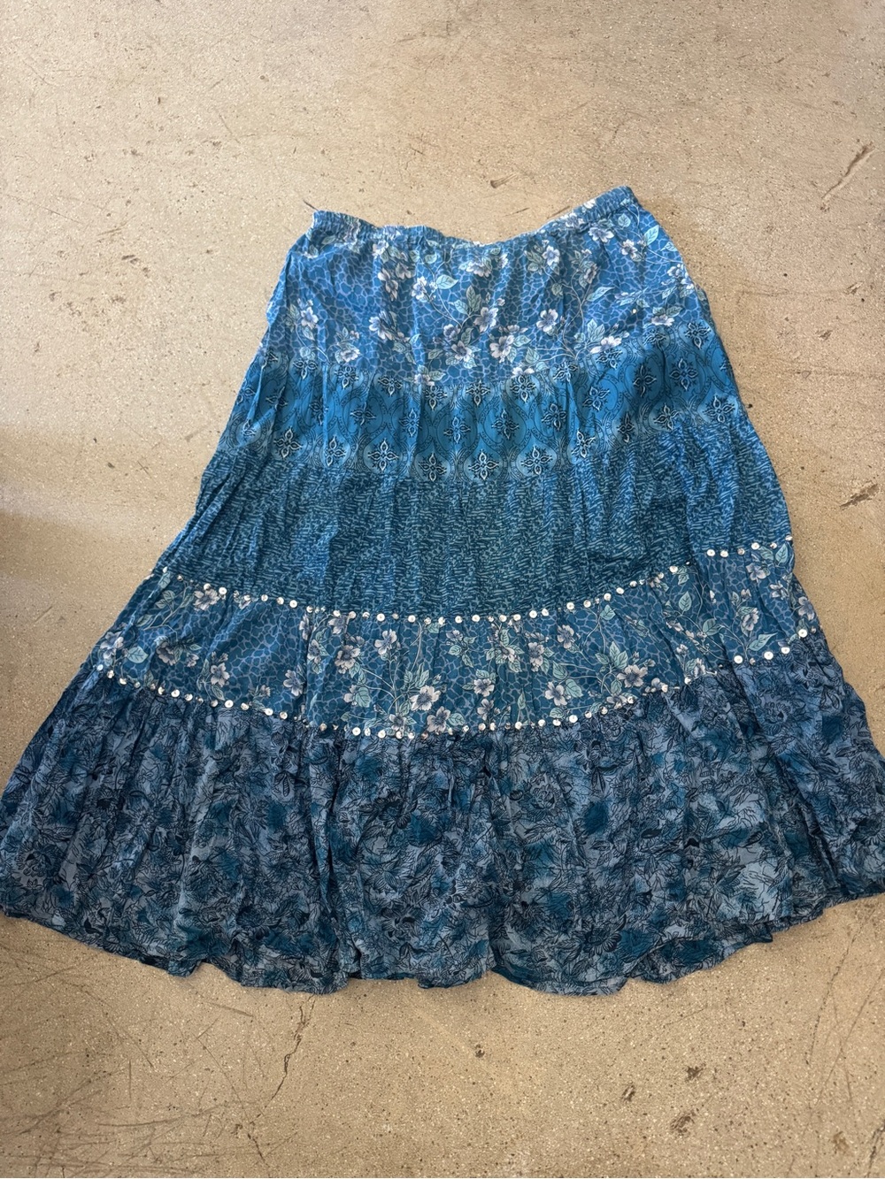 Coldwater Creek Blue Floral Tiered Maxi Skirt with Silver Accents